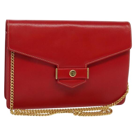 DIOR Chain Shoulder Bag Leather Red Gold - Picture 1 of 12